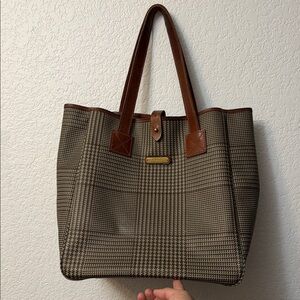 Vintage 90’s Polo Ralph Lauren Plaid Checkered Tote with Brown Leather Trims
